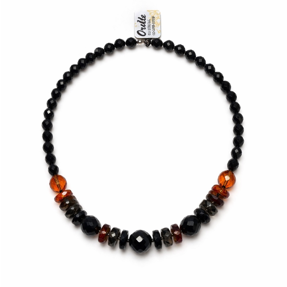 Art Deco Black & Amber Glass Beaded Necklace French Jet 1920s, 30s Czech Glass